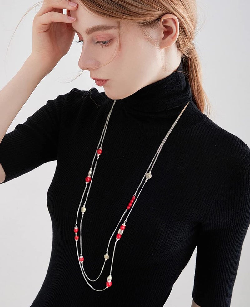 BULINLIN Layered Silver Long Necklace for Women Turquoise Stone Beaded Strand Sweater Chain Necklaces Fashion Costume Jewelry Gifts for Mom - Image 5